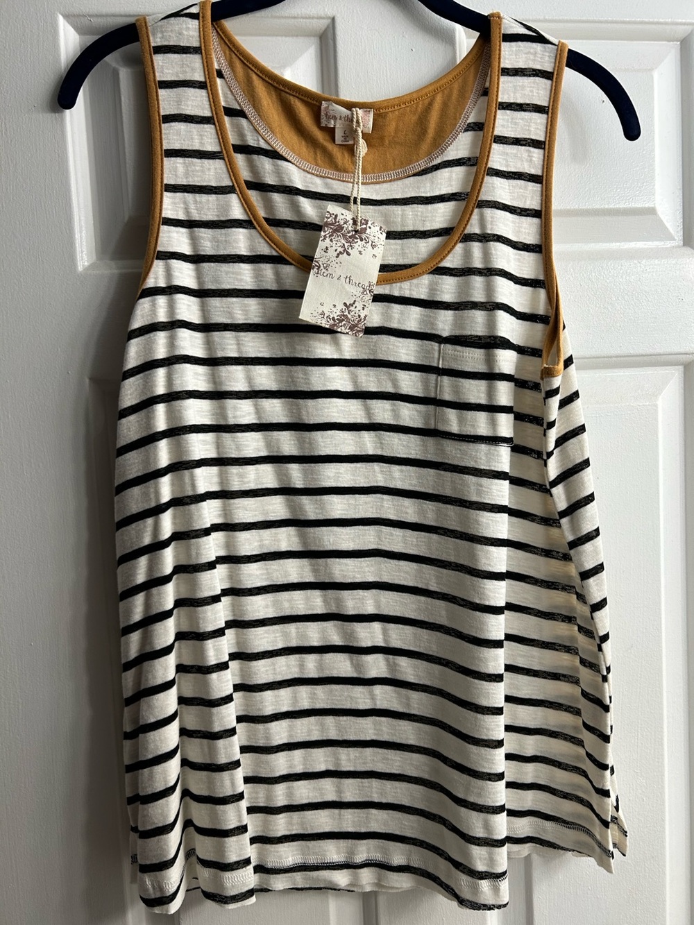 Hem & Thread Striped Sleeveless Tank Top with Mustard Trim - Women's size L NWT